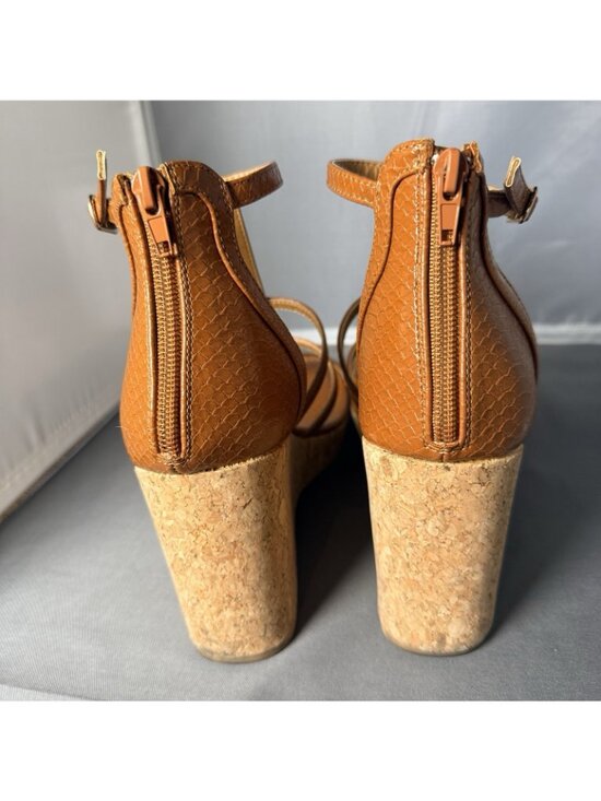 maurices Tan Faux Snake Skin Strappy Cork Wedge Platform Sandals Size 8.5 - Picture 5 of 6